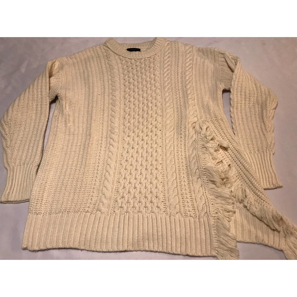 J Crew Cream Chunky Cable Knit Fringe Side Slit Sweater Pullover Oversize S Boho